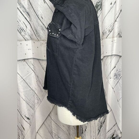 Zara Black Oversized Rhinestone Embellished Frayed Denim Jacket S - Picture 5 of 10
